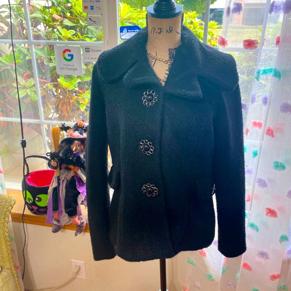 JouJou short coat with flower buttons size Large.